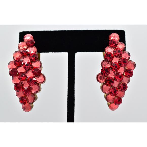 1928 Vintage Crystal Clip On Earrings Pink Red Antiqued Gold Shiny Chunky Bin7 - Picture 1 of 12